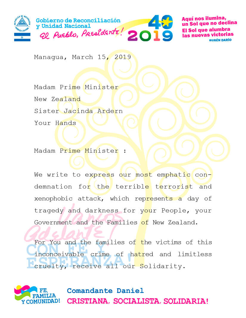 Nicaragua condena atentado terrorista en Nueva Zelanda